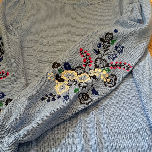 LOFT Sky Blue Crewneck Sweater with Embroidered Floral Puff Sleeves - Picture 5 of 6
